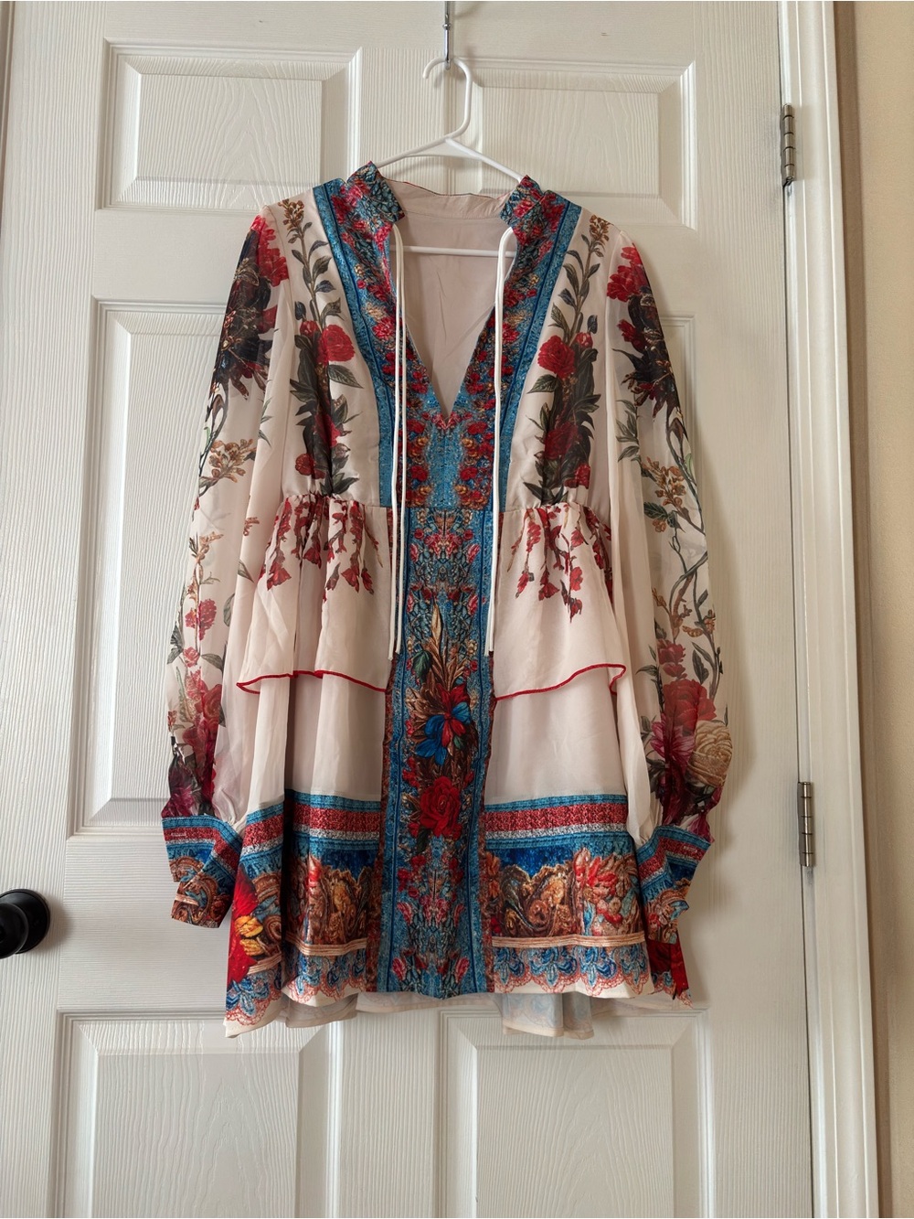 Boho Floral Embroidered Dress- Cream & Blue